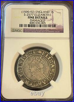 1590-92 Elizabeth I Shilling, mm Hand, NGC Certified, Graded Fine, S-2577