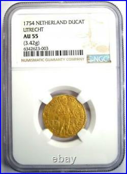 1754 Netherlands Utrecht Gold Ducat Coin (1D) Certified NGC AU55 Rare
