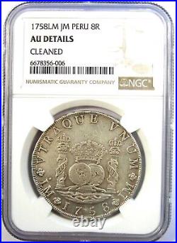 1758 Peru 8 Reales Coin Pillar Dollar Silver 8R Certified NGC AU Details