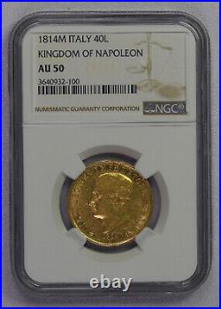 1814 Gold Napoleon 40 Lire Coin italy 40L 40 Lire Certified NGC AU50 Rare Coin