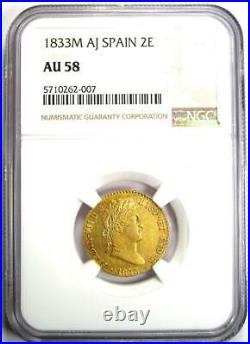 1833 Gold Spain Ferdinand VII 2 Escudos Gold Coin 2E Certified NGC AU58 Rare