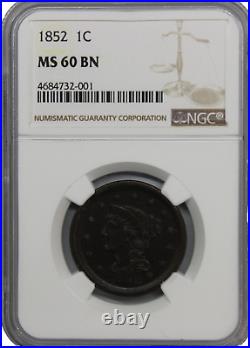 1852 Braided Hair Large Cent NGC Graded MS 60 BN Certified Brown Early Coin