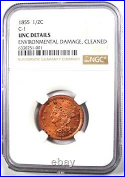 1855 Braided Hair Half Cent 1/2C Coin Certified NGC Uncirculated Detail UNC MS