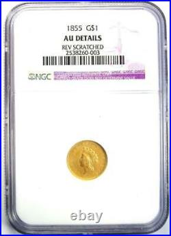 1855 Type 2 Indian Gold Dollar (G$1 Coin) Certified NGC AU Details Rare
