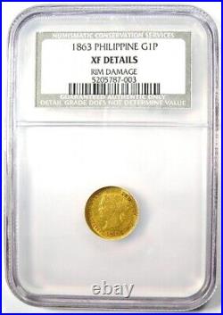 1863 Spain Philippines Gold Peso G1P Coin Certified NGC XF Detail EF Rare