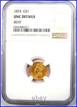 1874 Indian Gold Dollar G$1 Coin Certified NGC Uncirculated Details (UNC MS)