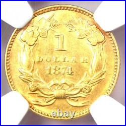 1874 Indian Gold Dollar G$1 Coin Certified NGC Uncirculated Details (UNC MS)