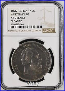 1876F German States WUERTTEMBERG 5 Mark (Authentic NGC XF Certified)