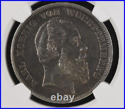 1876F German States WUERTTEMBERG 5 Mark (Authentic NGC XF Certified)