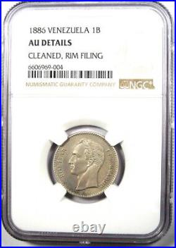 1886 Venezuela Republic Bolivar Coin 1B Certified NGC AU Details Rare