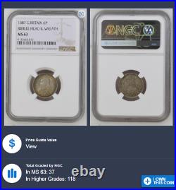 1887 Queen Victoria Sixpence. Certified by NGC to MS 63