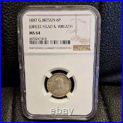 1887 Queen Victoria Sixpence. Certified by NGC to MS 64