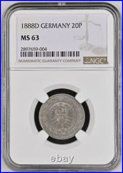 1888-d Germany 20 Pfennig Ngc Certified Ms 63 Free U. S & E. U. Shipping