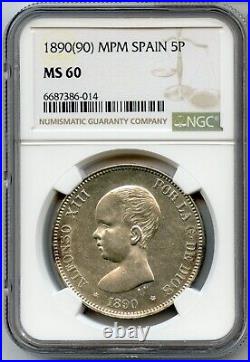 1890 (90) MPM Spain 5 Pesetas Silver Coin NGC MS60 5P Certified JP613