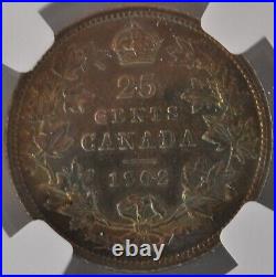 1902 Canada 25 Cent. 925 Silver Coin Certified NGC AU 53 KM#11 Rainbow Toning