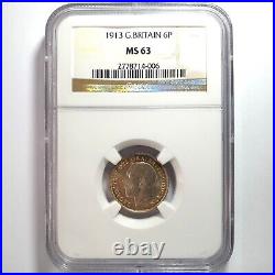 1913 King George V Sixpence. Certified by NGC to MS 63