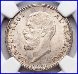 1914, Kingdom of Romania, Carol I. Certified Silver 1 Leu Coin. NGC MS-63