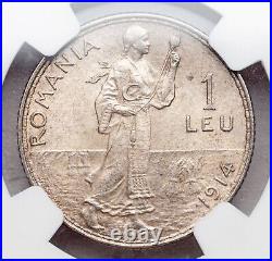 1914, Kingdom of Romania, Carol I. Certified Silver 1 Leu Coin. NGC MS-63