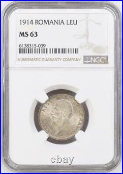 1914, Kingdom of Romania, Carol I. Certified Silver 1 Leu Coin. NGC MS-63