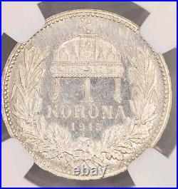 1915 KB Hungary Silver Korona NGC MS 66 Certified Mint State