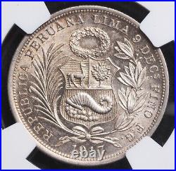 1917, Peru (Republic). Certified Mint State Silver 1/2 Sol Coin. NGC MS-61