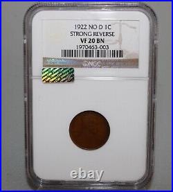 1922 No D 1c Strong Reverse Lincoln Wheat Coin Certified NGC Graded VF20BN