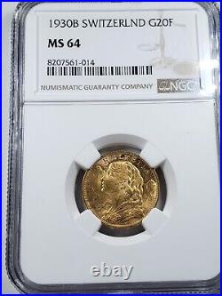 1930-B 20 Francs Switzerland Gold Coin Certified NGC MS64