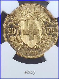 1930-B 20 Francs Switzerland Gold Coin Certified NGC MS64