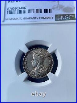 1935 Mauritius Silver 1/4 Quarter Rupee, George V, NGC Certified MS61 Beautiful