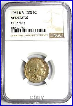 1937-D 3 Legs Buffalo Nickel 5C Three Legged Coin Certified NGC VF Detail