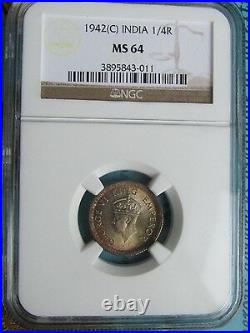1942C British India Silver 1/4 Rupee. NGC Certified MS64