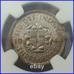 1944 King George Vl Silver Threepence Coin. Certified by NGC to MS 62