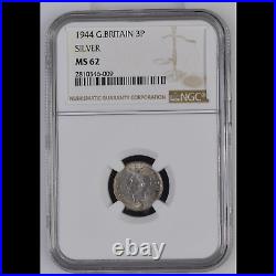 1944 King George Vl Silver Threepence Coin. Certified by NGC to MS 62