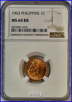1963 Philippine 1c Ms 64 Rb Ngc Certified Coin Only 2 Graded Higher