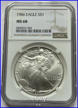 1986 Silver American Eagle Coin MS68 NGC Certified BU 1 Oz US. Mint 1st Year ASE