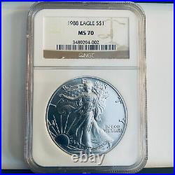 1988 American Silver Eagle $1 Coin Ms70 Ngc Certified U. S. Mint 9904
