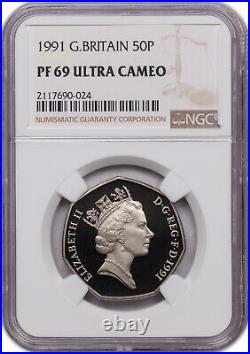 1991 G. Britain 50 Pence Pf 69 Ultra Cameo Ngc Certified Toned Coin Finest Known