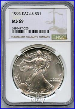1994 American Silver Eagle 1 Oz NGC MS69 $1 Certified Coin Brown Label JP107