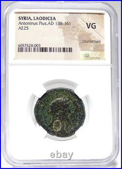 ANTONINUS PIUS with c/m / Tyche Turreted Head. NGC Certified Ancient Roman Coin