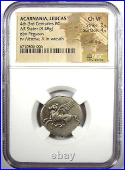 Acarnania Leucas AR Stater 300 BC Pegasus and Athena Coin Certified NGC Ch VF