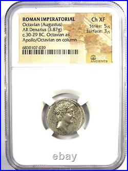 Augustus AR Denarius Silver Octavian Coin 30 BC Certified NGC Choice XF (EF)