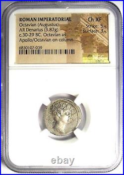 Augustus AR Denarius Silver Octavian Coin 30 BC Certified NGC Choice XF (EF)