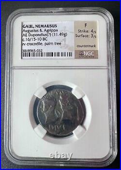 Augustus and Agrippa AE Dupondius Crocodile Coin 16-10BC Certified NGC F 4/3