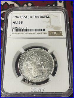 BRITISH INDIA VICTORIA 1840 (B&C) One RUPEE SILVER COIN NGC CERTIFIED AU58 Look