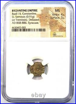 Basil I and Constantine EL Semissis Coin 868-886 AD Certified NGC MS UNC