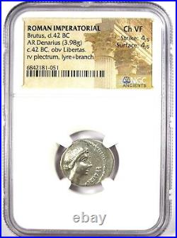 Brutus AR Denarius Silver Libertas Roman Coin 42 BC Certified NGC Choice VF