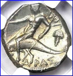 Calabria Taras AR Didrachm Coin (Nike & Dolphin) 281 BC. Certified NGC Choice AU