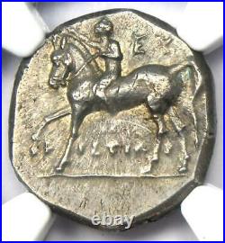 Calabria Taras AR Didrachm Coin (Nike & Dolphin) 281 BC. Certified NGC Choice AU