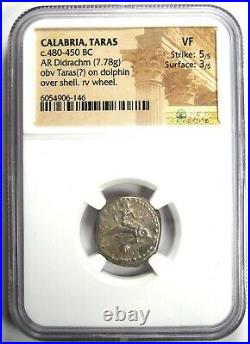 Calabria Taras AR Didrachm Dolphin Coin 480 BC Certified NGC VF Early Issue