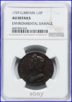 England George II 1729 1/2d Half Penny Coin, Ngc Certified Almost Uncirc. Det